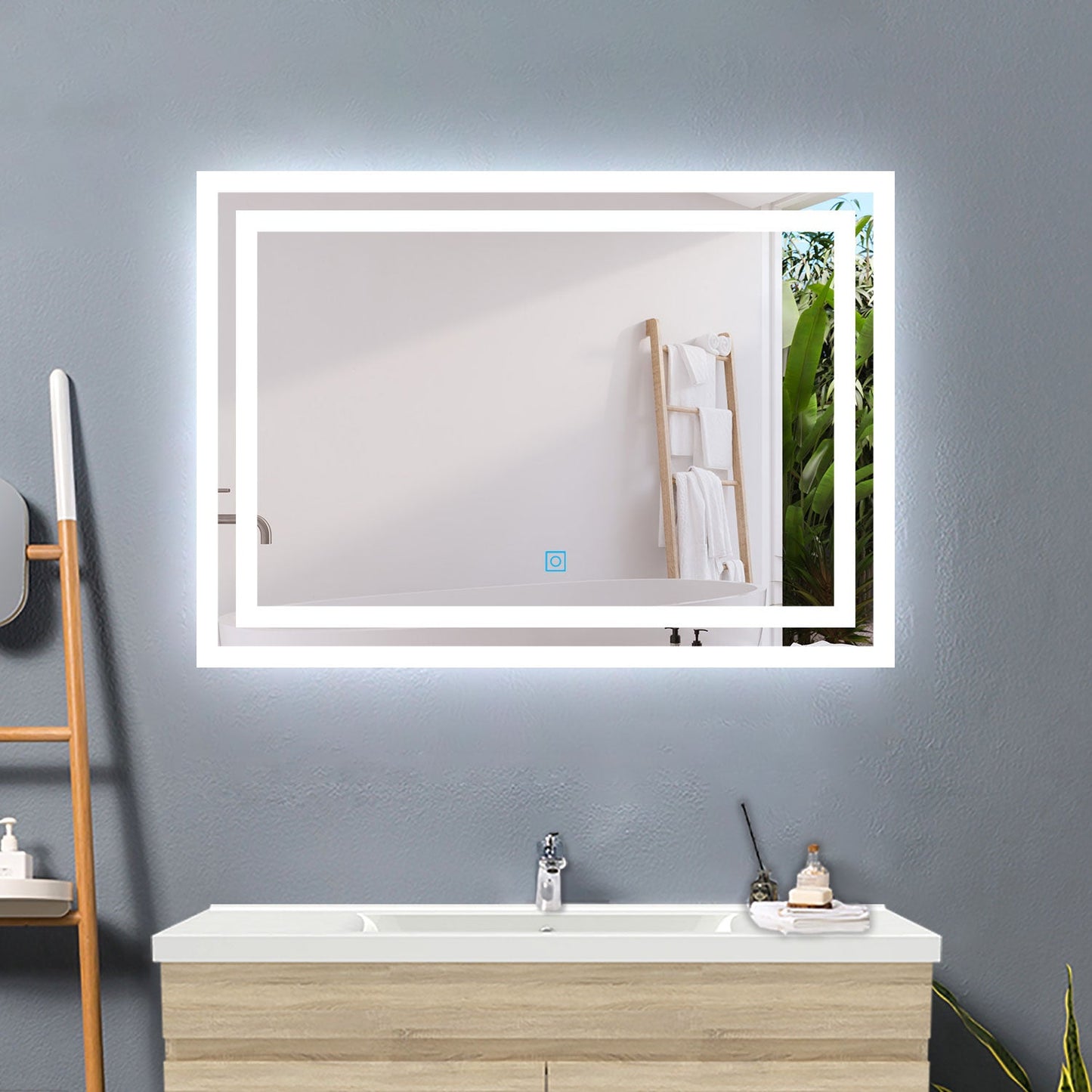 SKY bathroom Backlit Illuminated Bathroom Mirror with Shaver Socket, Energy-Saving LED Smart Mirror, 3 Colors Dimmable Wall Mounted Bathroom Vanity Mirror with LED Lights and Demister Pad