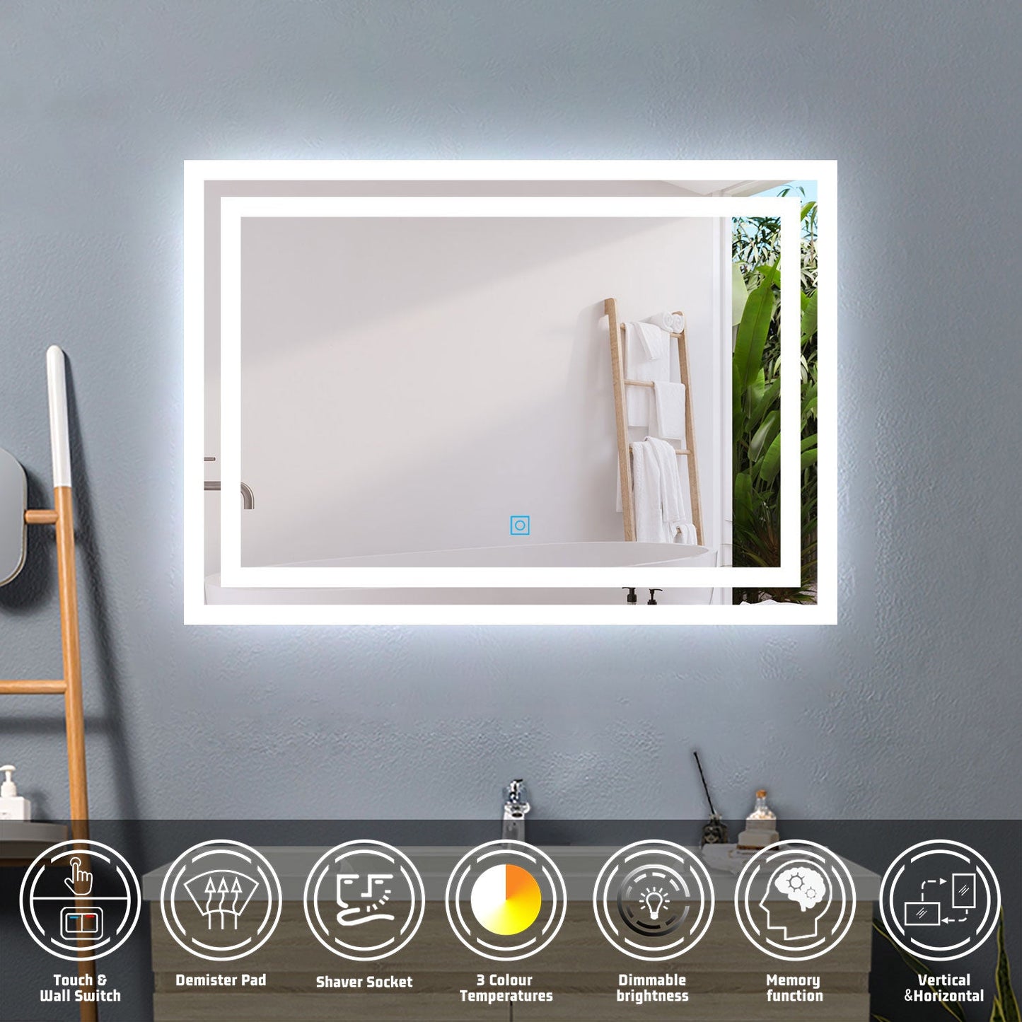 SKY bathroom Backlit Illuminated Bathroom Mirror with Shaver Socket, Energy-Saving LED Smart Mirror, 3 Colors Dimmable Wall Mounted Bathroom Vanity Mirror with LED Lights and Demister Pad