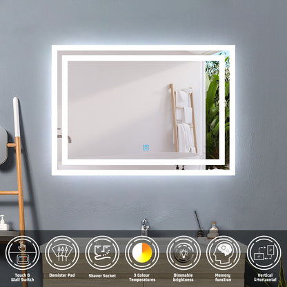 SKY bathroom Backlit Illuminated Bathroom Mirror with Shaver Socket, Energy-Saving LED Smart Mirror, 3 Colors Dimmable Wall Mounted Bathroom Vanity Mirror with LED Lights and Demister Pad