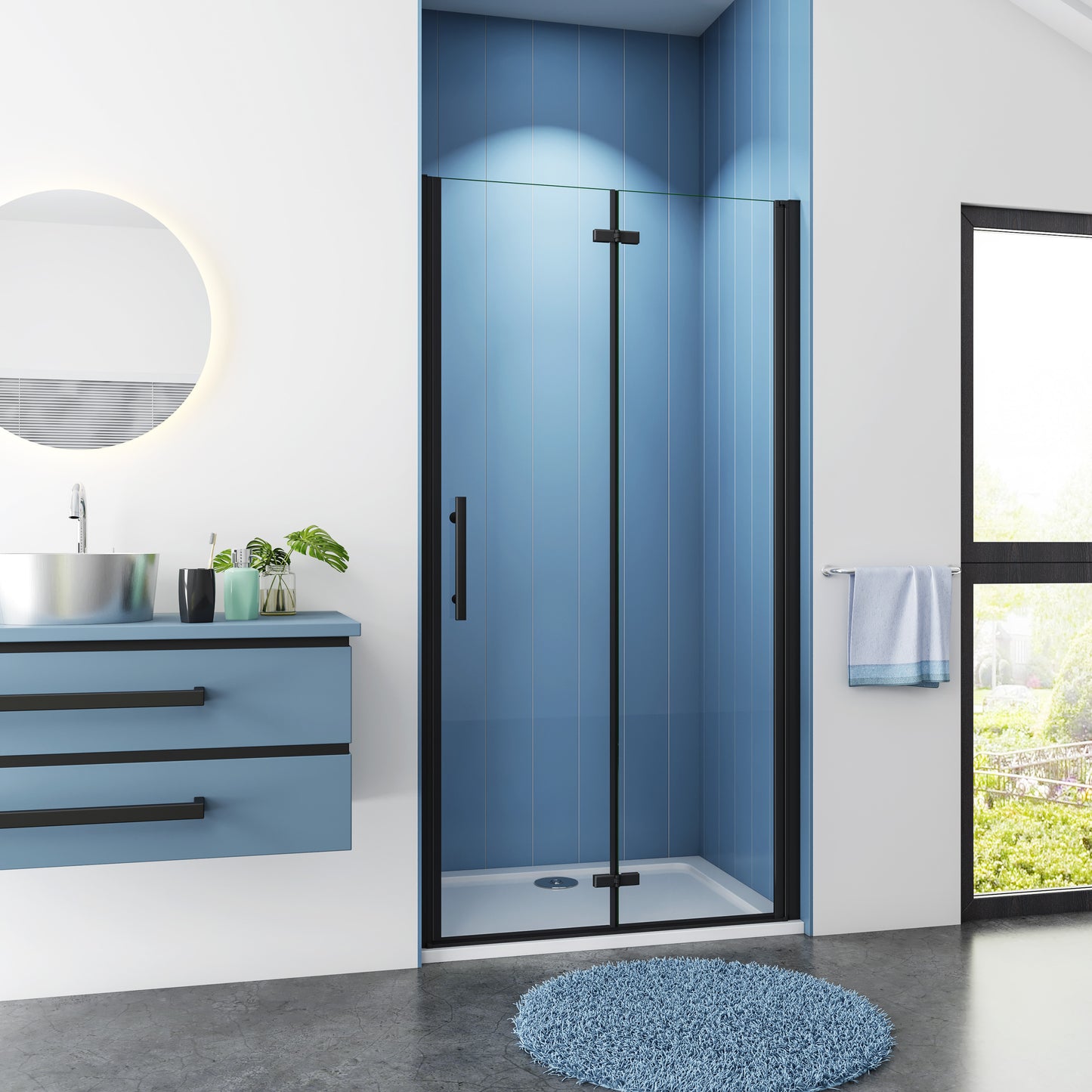 SKY Bathroom black Hinge Shower Bi fold Glass Door