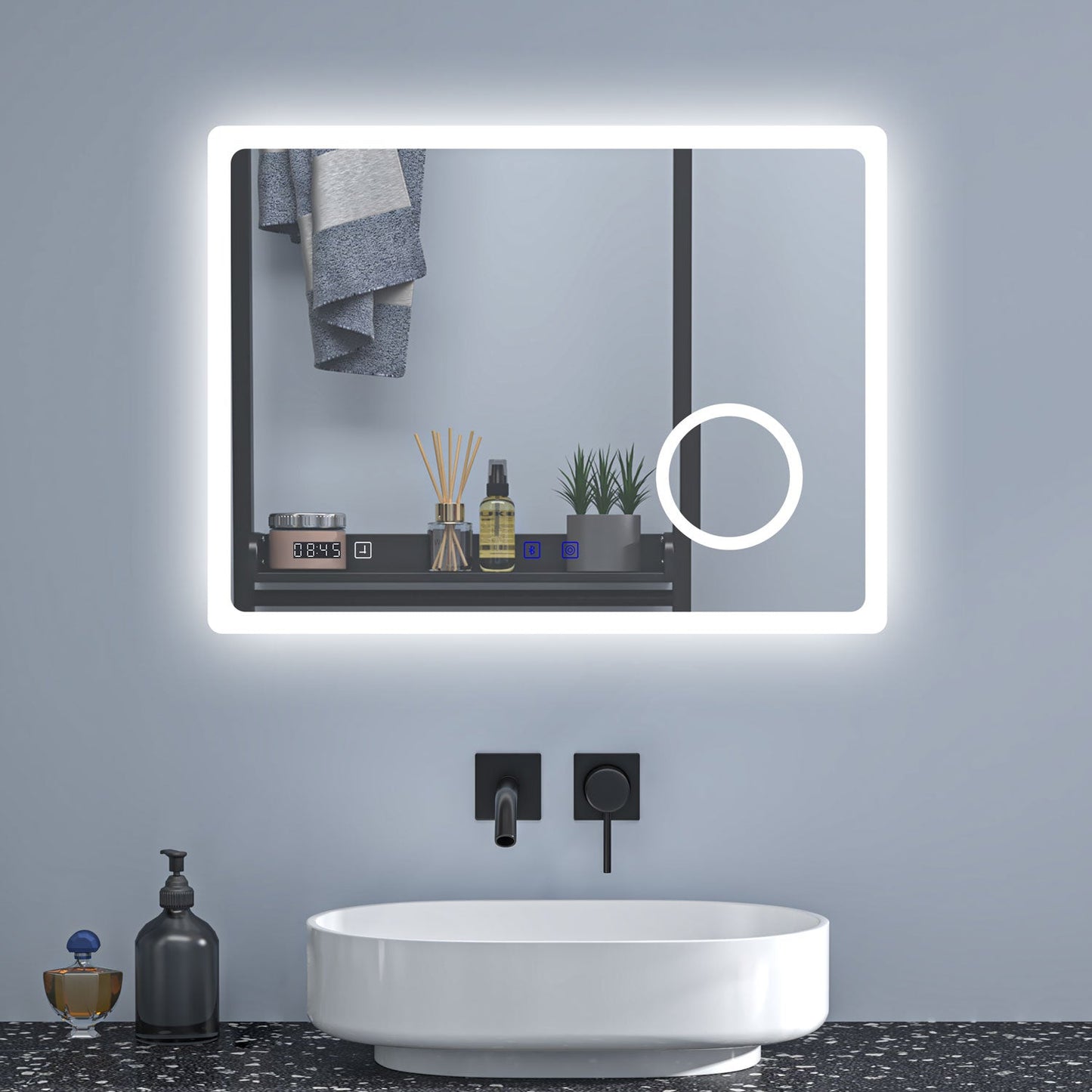 SKY bathroom LED Mirror Bluetooth Bathroom Mirror with LED Lights, Magnifying Bathroom Mirrors with Dimmable 3 Colors, Clock, Demister Pad,IlluminatedWall Mounted Vanity Mirror Horizontal/Vertical,Anti-fog