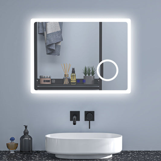 SKY bathroom LED Mirror Bluetooth Bathroom Mirror with LED Lights, Magnifying Bathroom Mirrors with Dimmable 3 Colors, Clock, Demister Pad,IlluminatedWall Mounted Vanity Mirror Horizontal/Vertical,Anti-fog