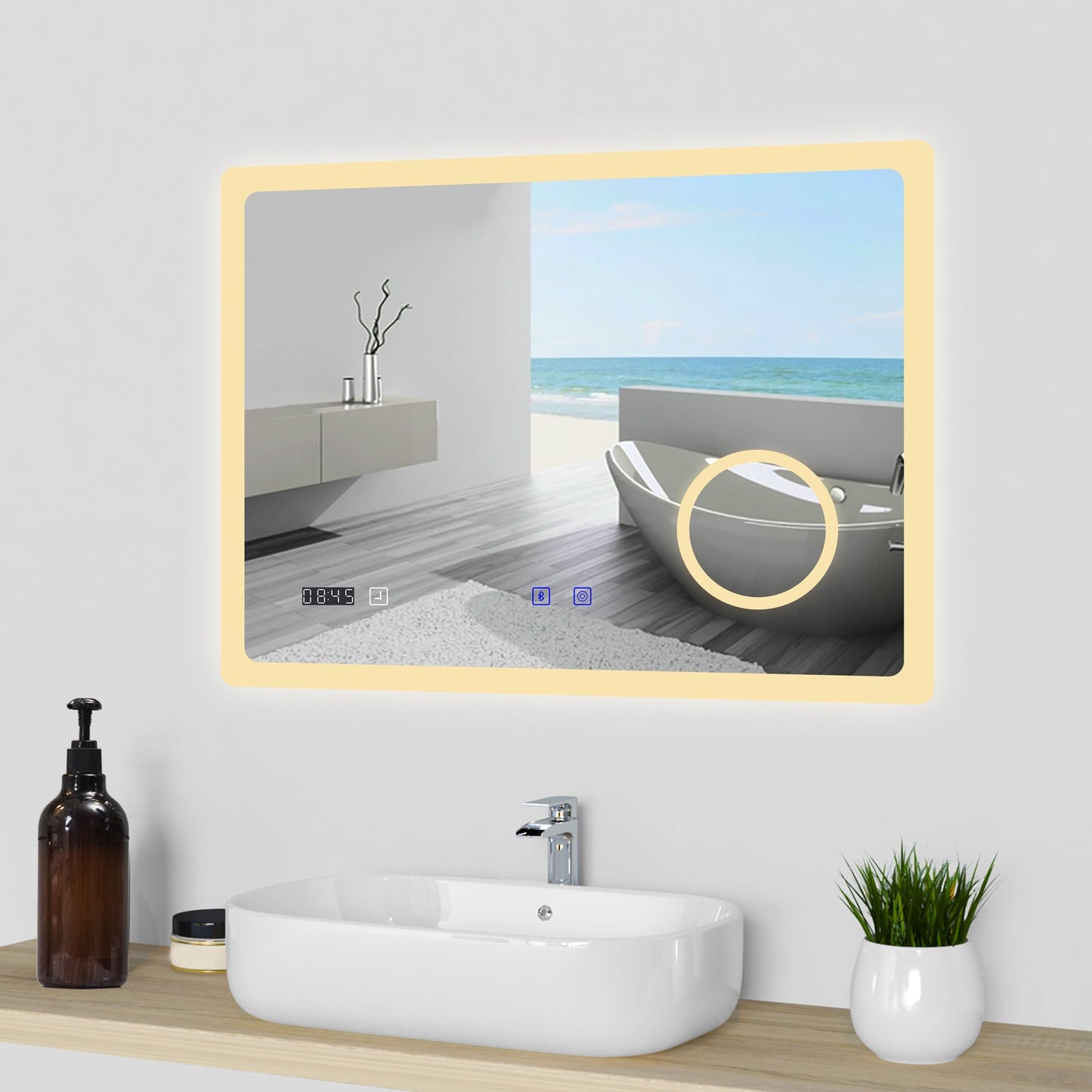 SKY bathroom LED Mirror Bluetooth Bathroom Mirror with LED Lights, Magnifying Bathroom Mirrors with Dimmable 3 Colors, Clock, Demister Pad,IlluminatedWall Mounted Vanity Mirror Horizontal/Vertical,Anti-fog