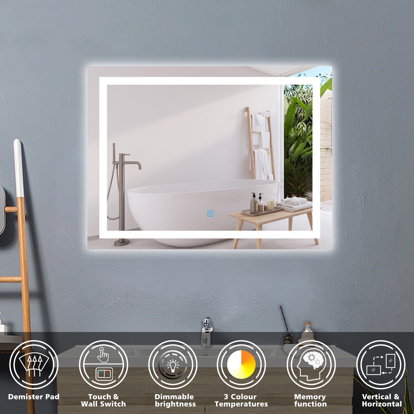 SKY 800 X 600 MM 3 Colour LED Mirror,Anti-fog,Infinitely Dimmable,Power Failure Memory,Touch wall switch
