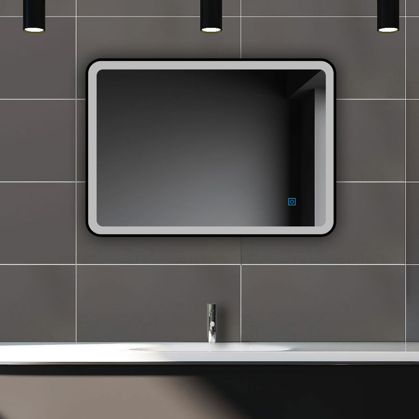 SKY bathroom Bathroom Mirror Black Frame with LED Lights ,with 3 Color Dimmable, Demister Pad Anti-fog, Illuminated Wall Mounted Smart Modern Bathroom Vanity Mirror Rectangle