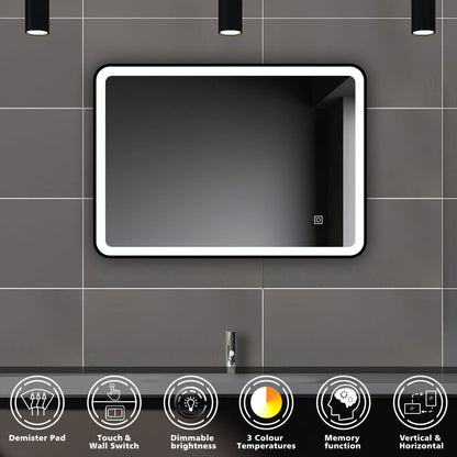 SKY bathroom Bathroom Mirror Black Frame with LED Lights ,with 3 Color Dimmable, Demister Pad Anti-fog, Illuminated Wall Mounted Smart Modern Bathroom Vanity Mirror Rectangle