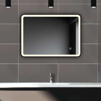 SKY bathroom Bathroom Mirror Black Frame with LED Lights ,with 3 Color Dimmable, Demister Pad Anti-fog, Illuminated Wall Mounted Smart Modern Bathroom Vanity Mirror Rectangle