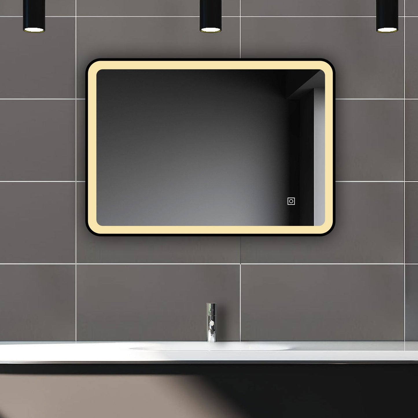 SKY bathroom Bathroom Mirror Black Frame with LED Lights ,with 3 Color Dimmable, Demister Pad Anti-fog, Illuminated Wall Mounted Smart Modern Bathroom Vanity Mirror Rectangle