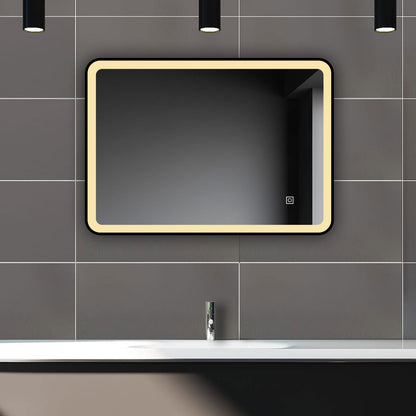 SKY bathroom Bathroom Mirror Black Frame with LED Lights ,with 3 Color Dimmable, Demister Pad Anti-fog, Illuminated Wall Mounted Smart Modern Bathroom Vanity Mirror Rectangle