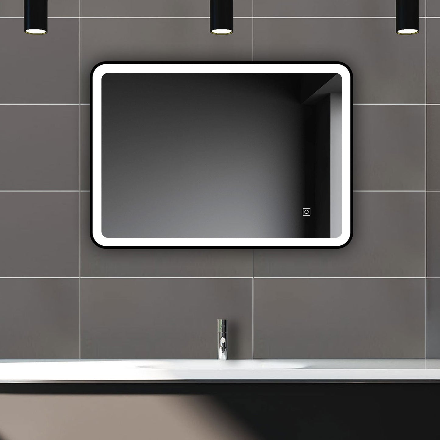 SKY bathroom Bathroom Mirror Black Frame with LED Lights ,with 3 Color Dimmable, Demister Pad Anti-fog, Illuminated Wall Mounted Smart Modern Bathroom Vanity Mirror Rectangle