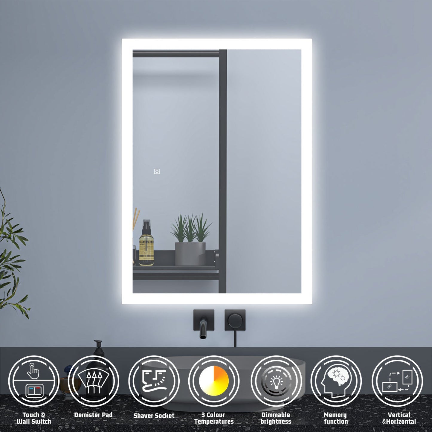 SKY Backlit Bathroom Mirrors with Shaver Socket 3 Light Modes Dimmable ,Illuminated Wall Mounted LED Bathroom Vanity Mirror, Wall Switch/Touch Switch Smart LED Mirrors, Demister Fogless