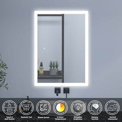 SKY Backlit Bathroom Mirrors with Shaver Socket 3 Light Modes Dimmable ,Illuminated Wall Mounted LED Bathroom Vanity Mirror, Wall Switch/Touch Switch Smart LED Mirrors, Demister Fogless