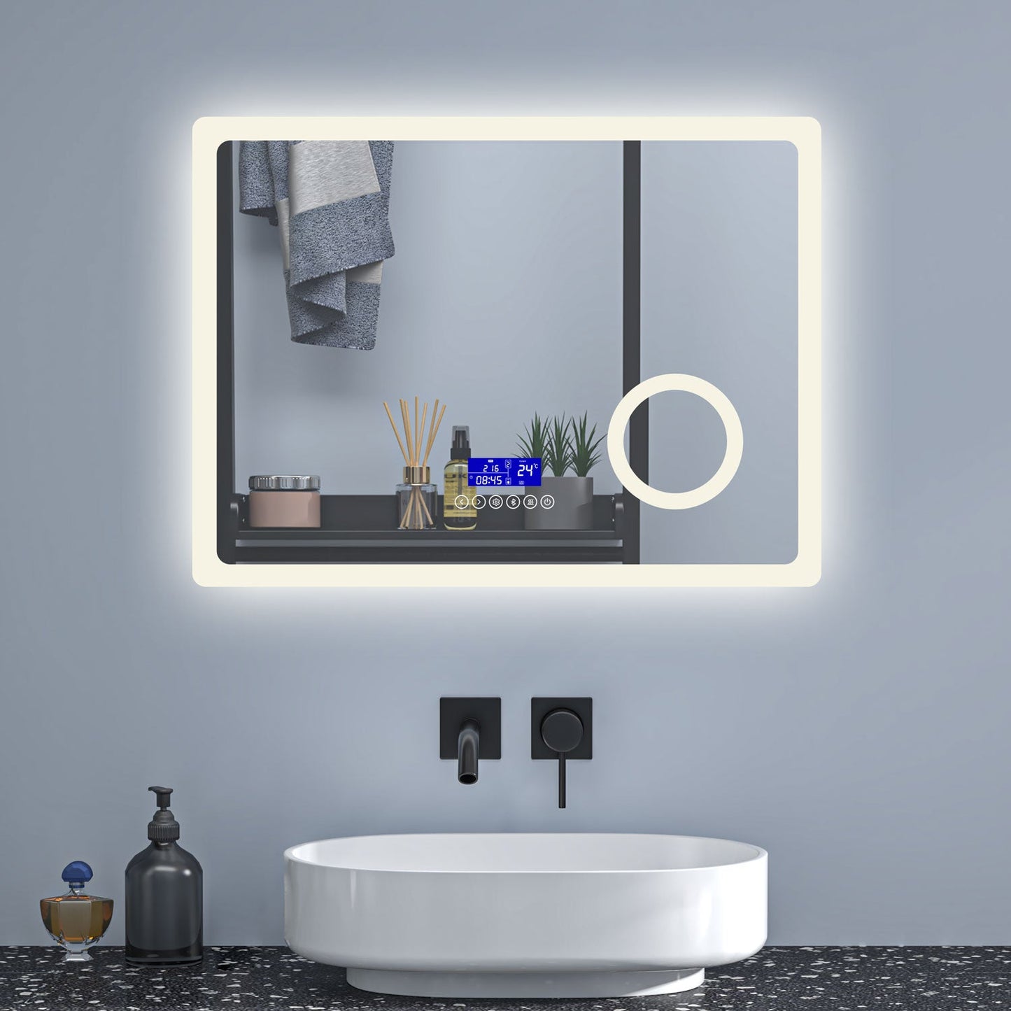 SKY bathroom Bluetooth Speaker Anti Fog 3x Magnifying 6000K Cool White Light + 2700K Warm Lights LED Bathroom Mirrors