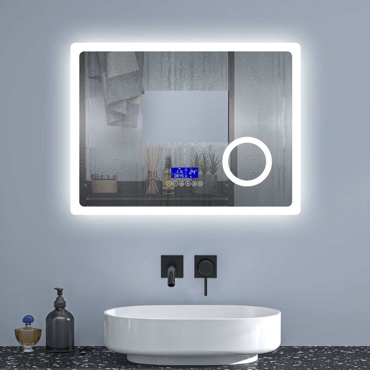 SKY bathroom Bluetooth Speaker Anti Fog 3x Magnifying 6000K Cool White Light + 2700K Warm Lights LED Bathroom Mirrors