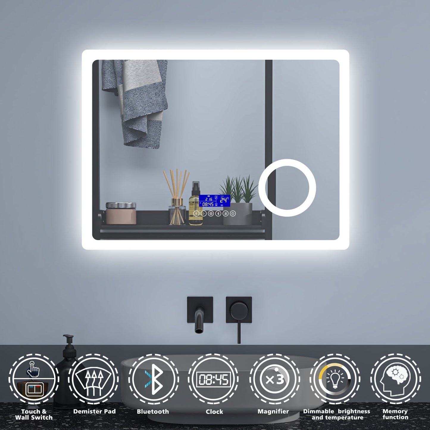 SKY bathroom Bluetooth Speaker Anti Fog 3x Magnifying 6000K Cool White Light + 2700K Warm Lights LED Bathroom Mirrors