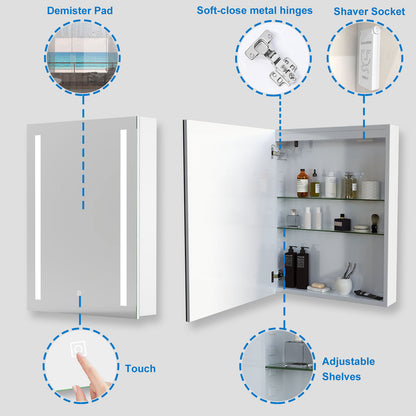 LED Bathroom Mirror Cabinet Storage Cupboard with Light, Shaver Socket, Demister Pad, Touch Switch