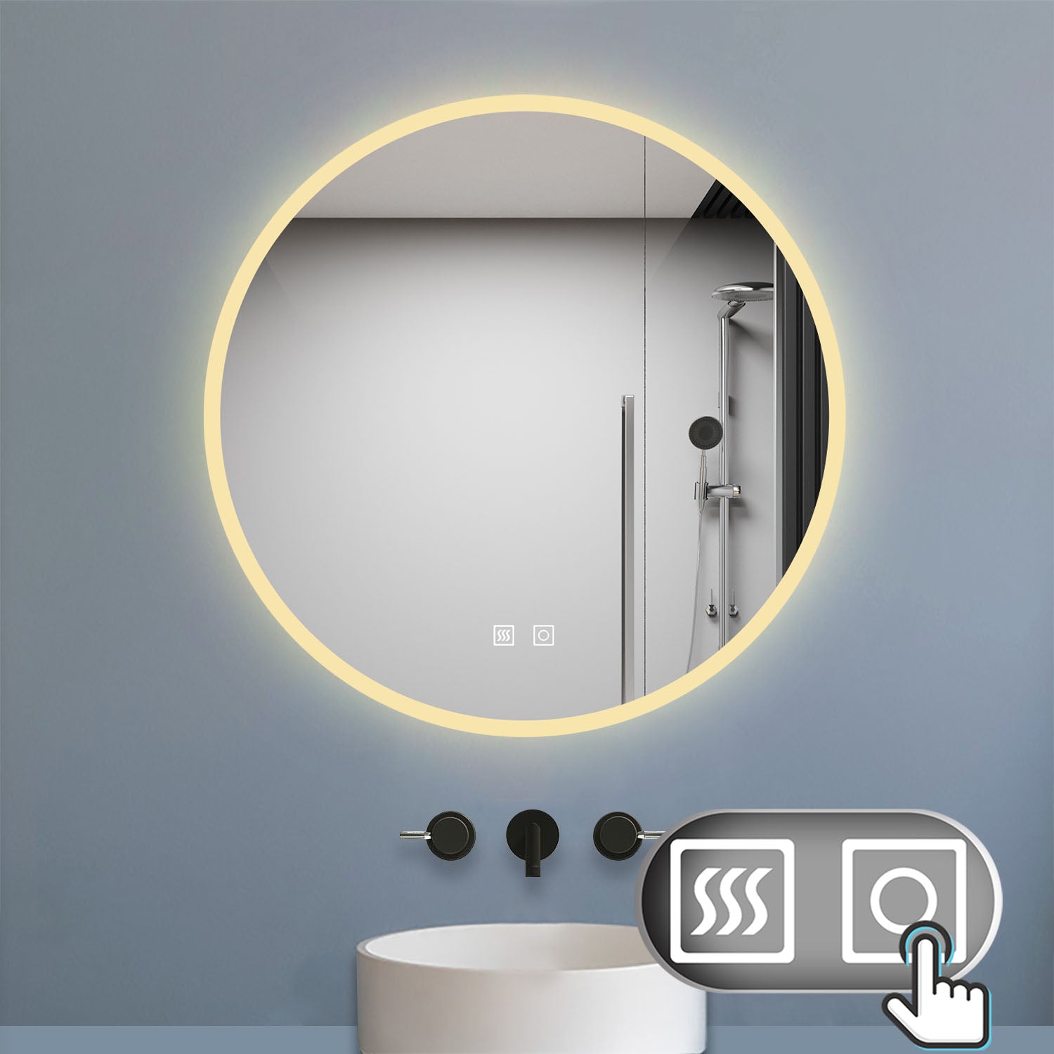 60cm Round Illuminated Bathroom Mirror, Dimmable 2700K-6500K Touch Demister Pad