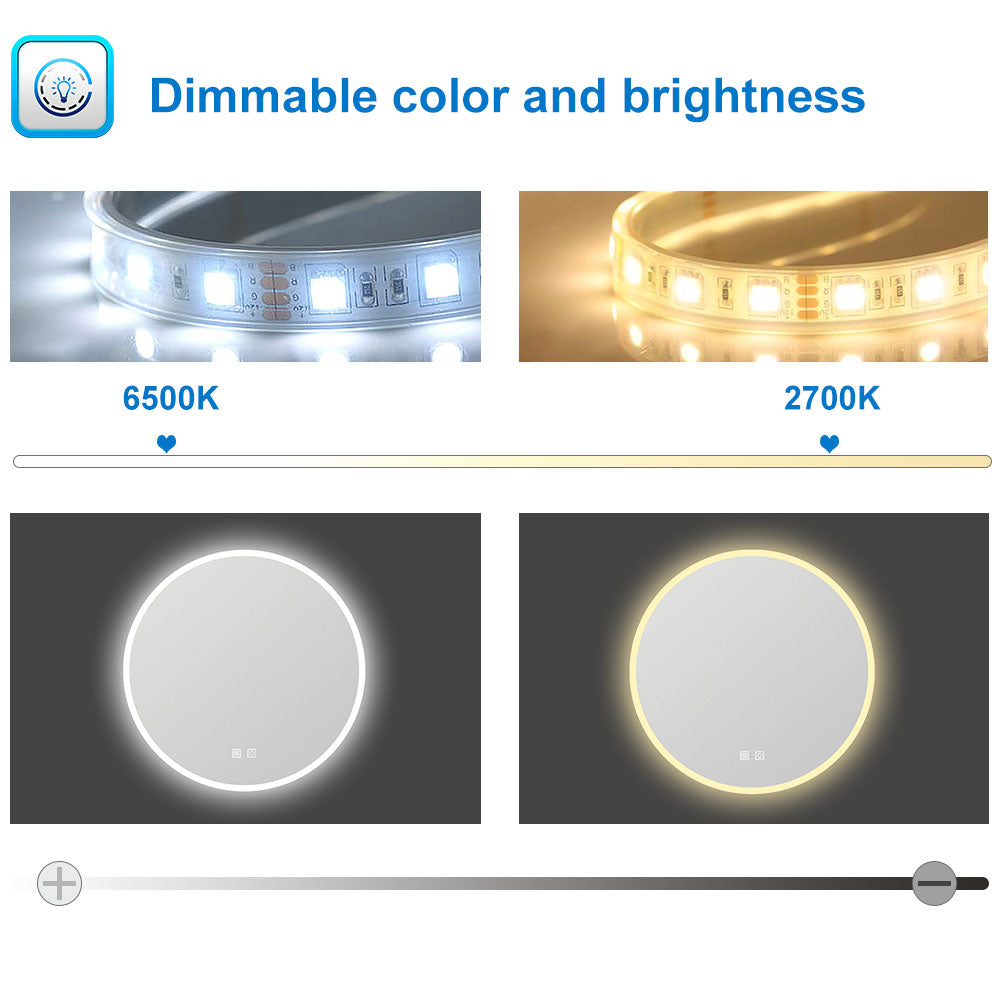 60cm Round Illuminated Bathroom Mirror, Dimmable 2700K-6500K Touch Demister Pad