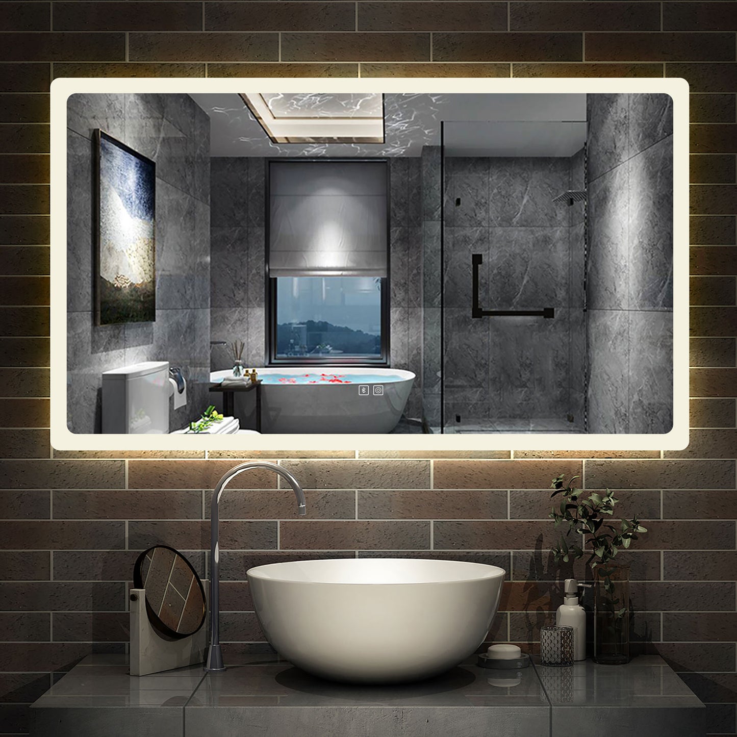 Bathroom Mirror with LED Lights, Bluetooth Speakers, Dimmable 3 Colors, Demister Pad