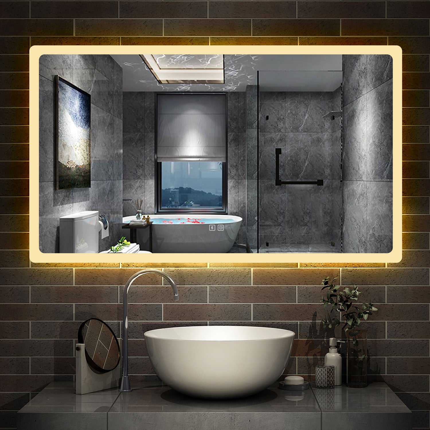 Bathroom Mirror with LED Lights, Bluetooth Speakers, Dimmable 3 Colors, Demister Pad