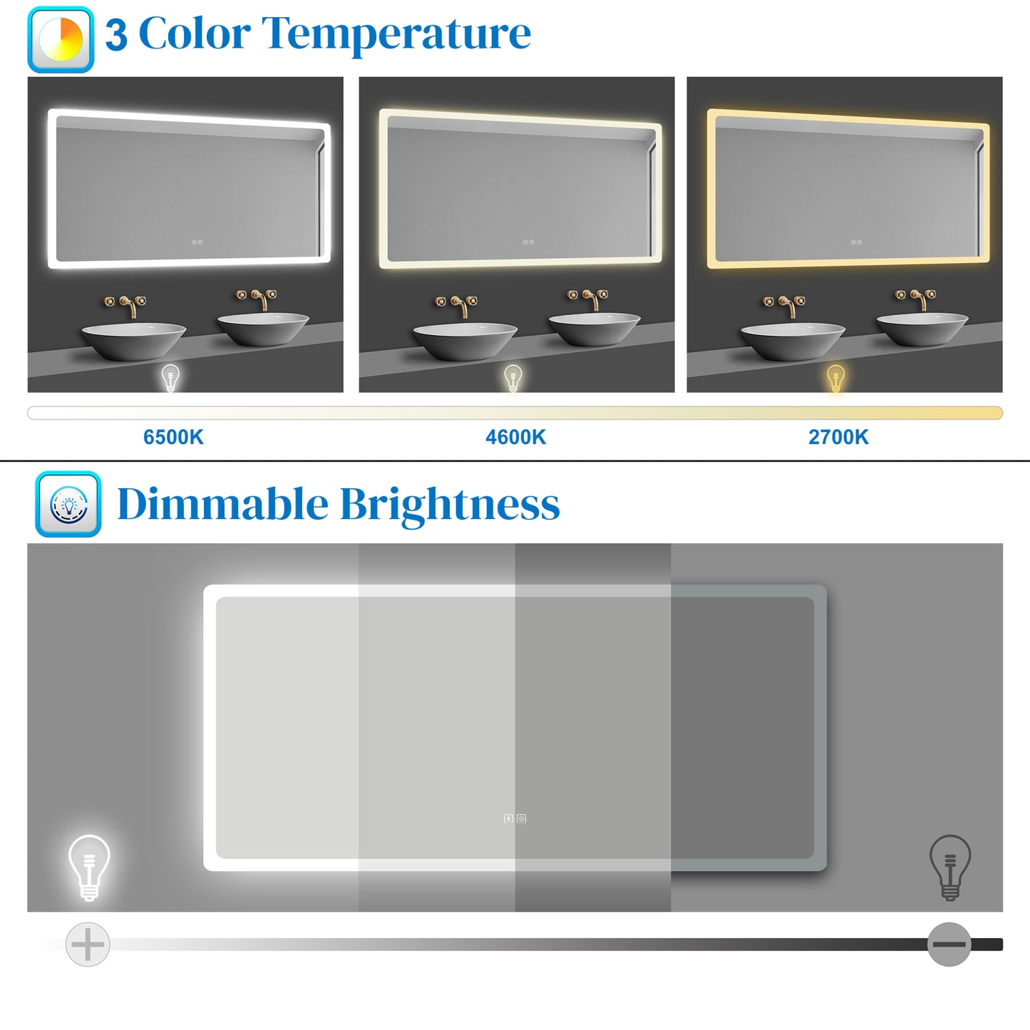 Bathroom Mirror with LED Lights, Bluetooth Speakers, Dimmable 3 Colors, Demister Pad