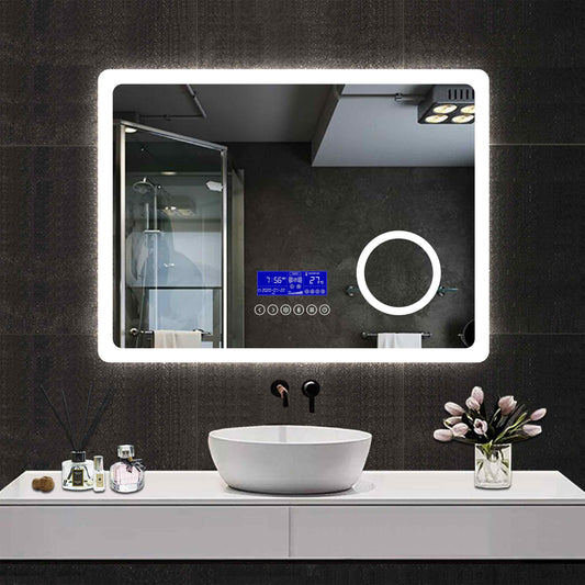 Bathroom Wall Mirror with Light, Bluetooth Speaker, Demister, 3x Magnification, 2700K, 6000K, Clock