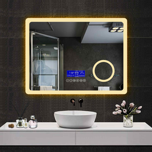 Bathroom Wall Mirror with Light, Bluetooth Speaker, Demister, 3x Magnification, 2700K, 6000K, Clock