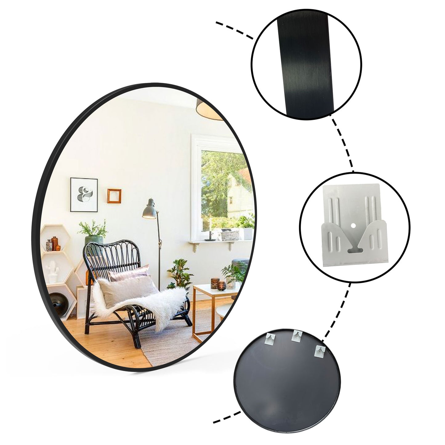 Round Mirror for Bedroom Bathroom, Home Decoration Black/Gold Metal Frame 40/50/60/70/80cm, Circle