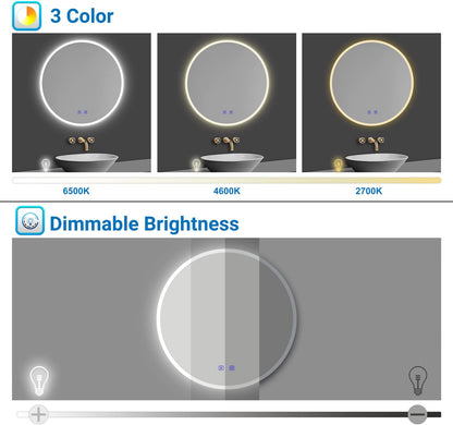 60cm Round Bathroom LED Mirror, Bluetooth, 3 LED Colors, Demister Pad