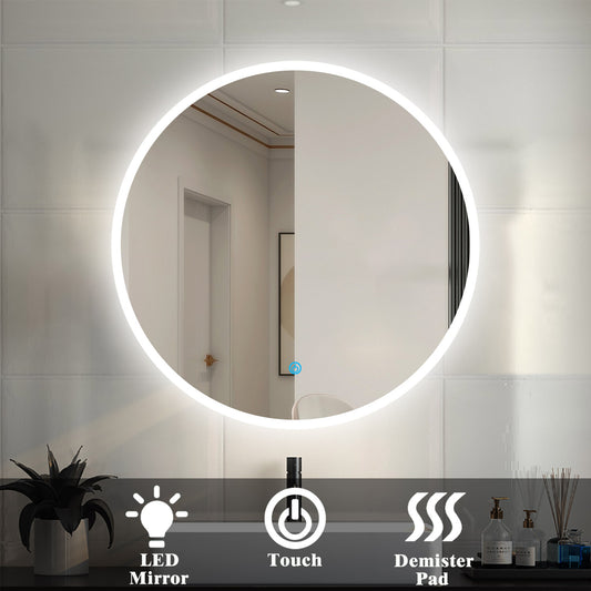 Led Illuminated Bathroom Round Mirror Light Touch Demister Pad Wall Mounted 600x600mm