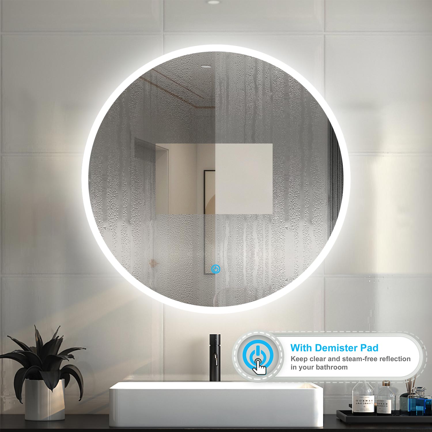 Led Illuminated Bathroom Round Mirror Light Touch Demister Pad Wall Mounted 600x600mm