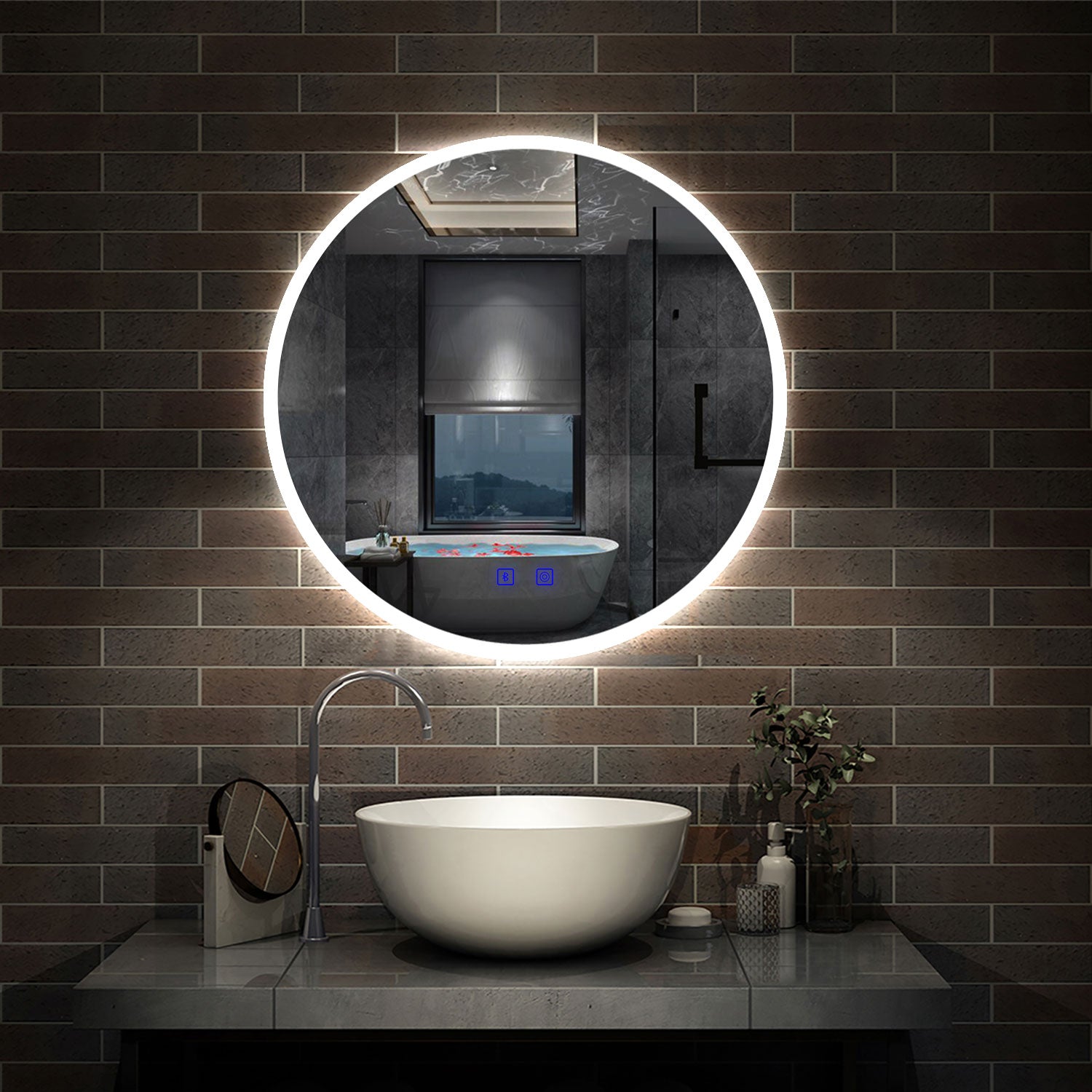 Round Bathroom LED Mirror, Bluetooth Speaker, 3 LED Colors, Demister Pad