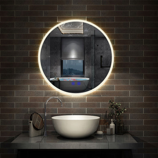 Round Bathroom LED Mirror, Bluetooth Speaker, 3 LED Colors, Demister Pad