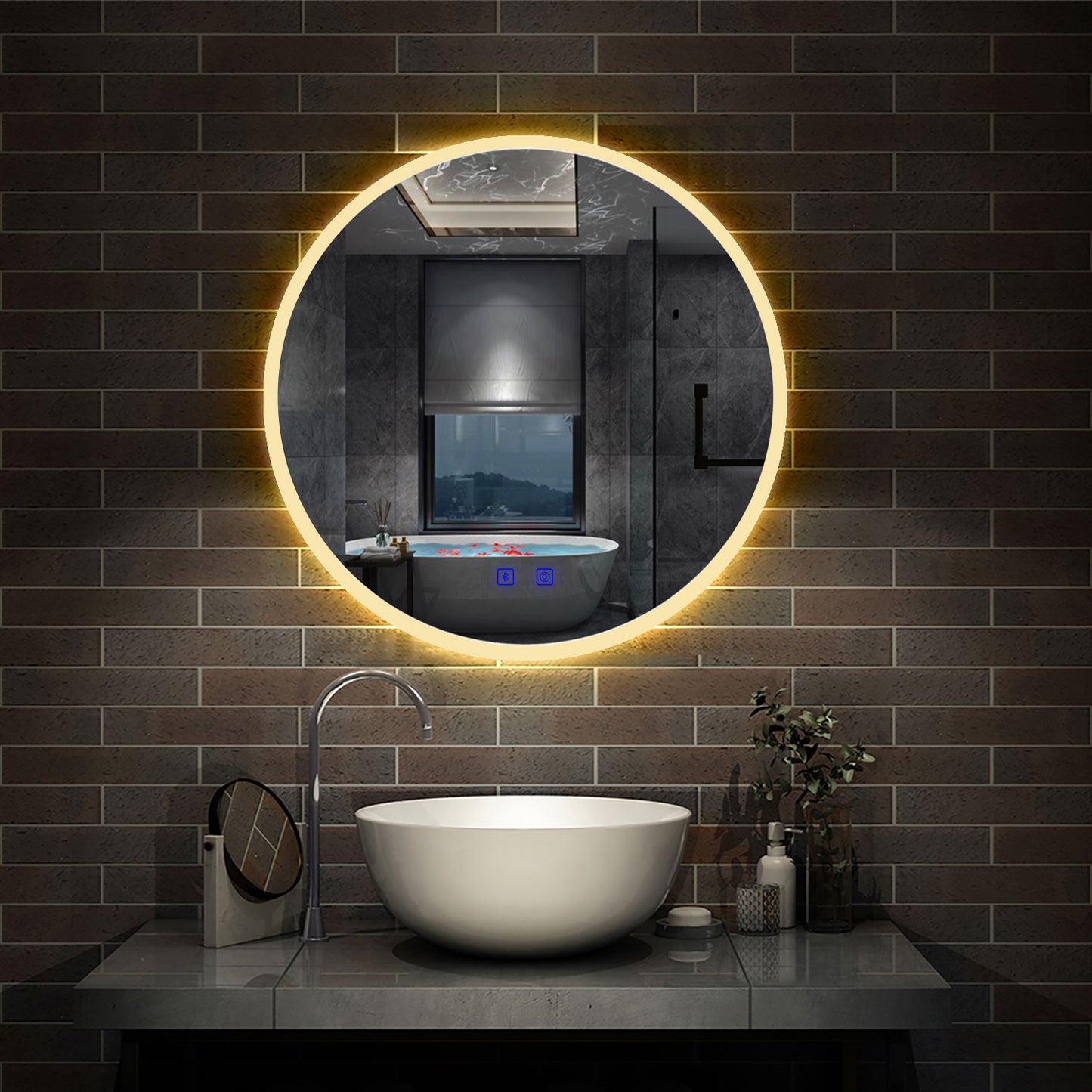 Round Bathroom LED Mirror, Bluetooth Speaker, 3 LED Colors, Demister Pad