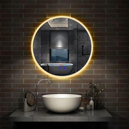 Round Bathroom LED Mirror, Bluetooth Speaker, 3 LED Colors, Demister Pad