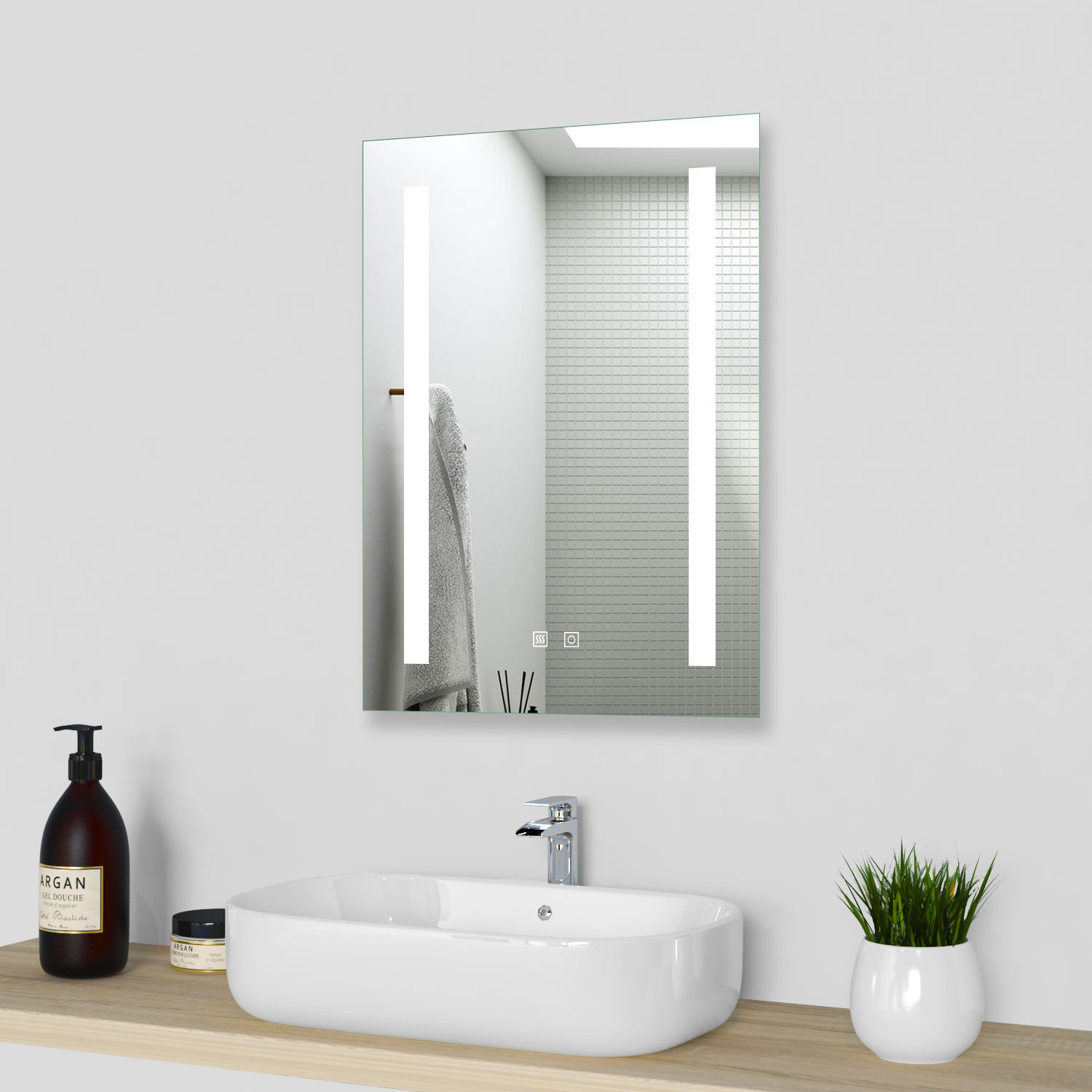 Bathroom Mirror with LED Lights, Dual Touch Switch, Demister Pad, Wall Mounted 500X700MM