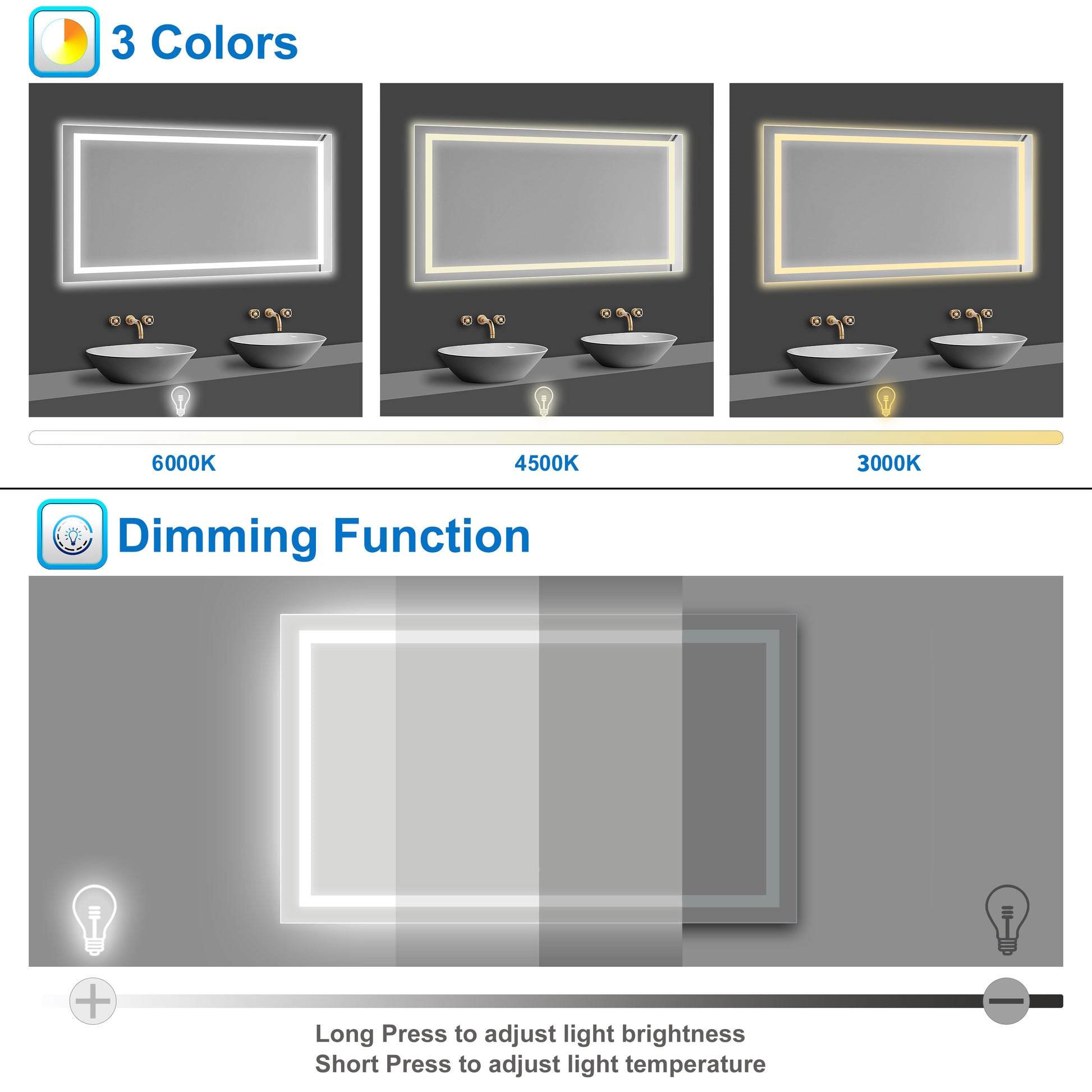 Bathroom LED Mirror with Lights, Demister Pad, 3 LED Modes, Brightness Memory, Touch Switch, 500x700mm