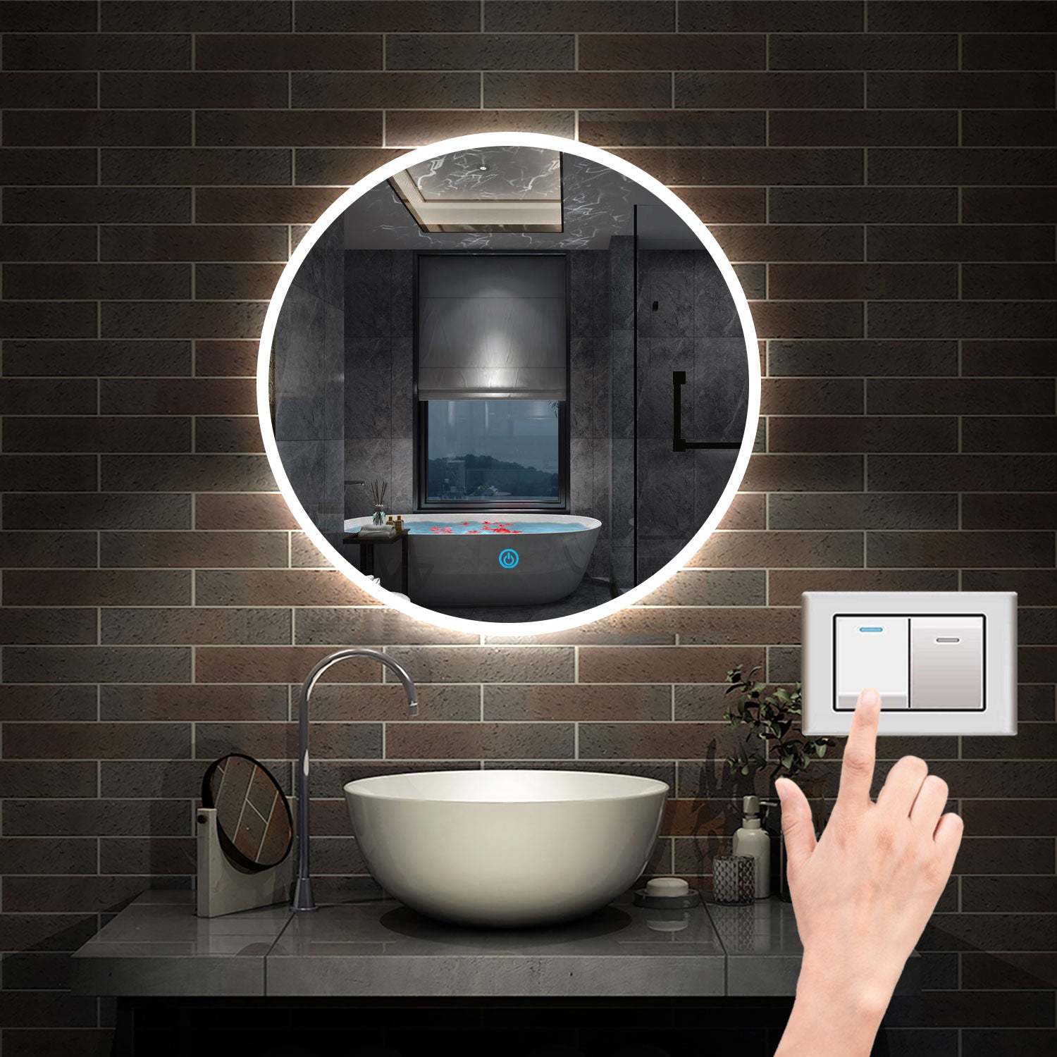 LED Bathroom Mirror with Lights, Demister Pad, 3 LED Color, Brightness Memory, Touch Switch, 60cm Round