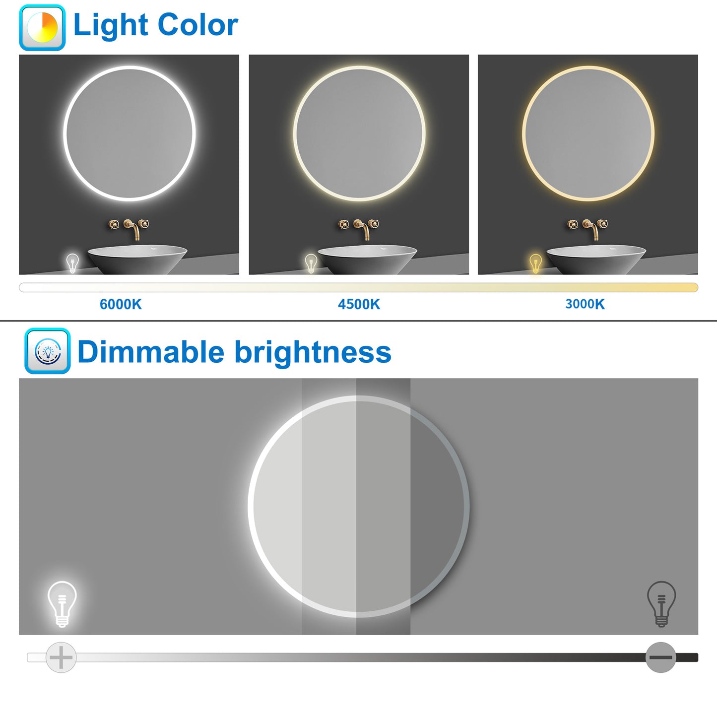 LED Bathroom Mirror with Lights, Demister Pad, 3 LED Color, Brightness Memory, Touch Switch, 60cm Round