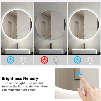 LED Bathroom Mirror with Lights, Demister Pad, 3 LED Color, Brightness Memory, Touch Switch, 60cm Round