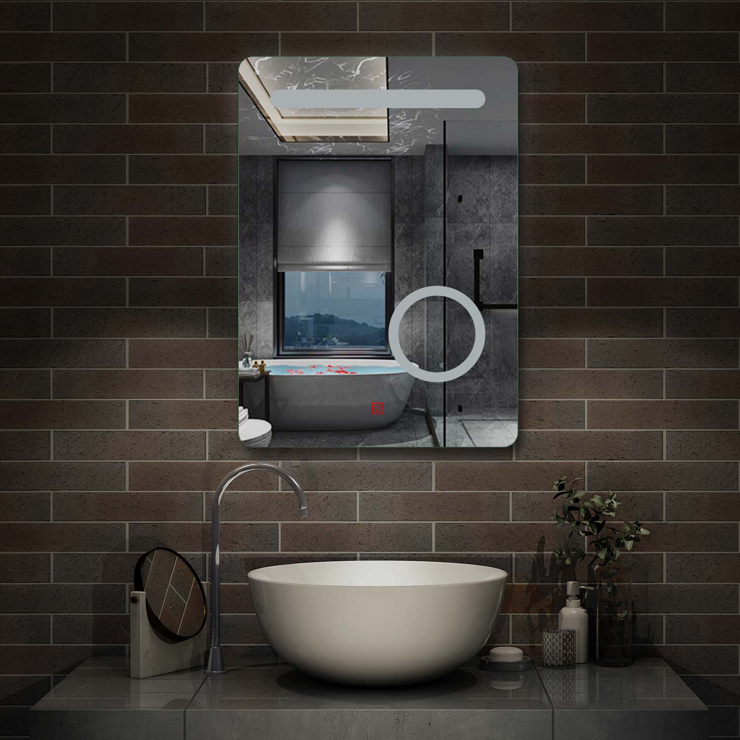 Bathroom Mirror with LED Lights, Magnifier,  Demister Pad, Touch Switch Illuminated Mirror 500x700mm