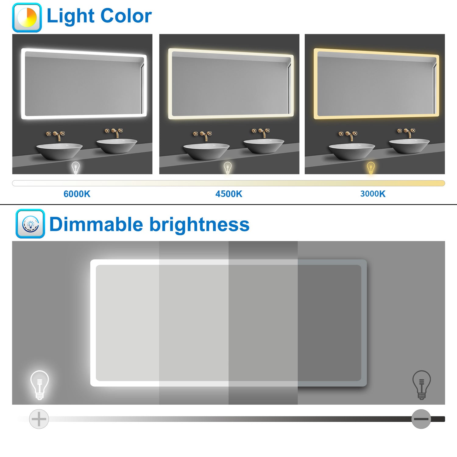 LED Bathroom Mirror with Lights, Demister Pad, 3 LED Color, Brightness Memory, Touch Switch, 500x700mm