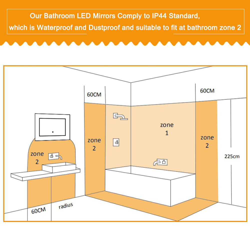 45x60cm Bathroom Mirror with LED Lights, Illuminated Mirror with Cool White Llight Touch Switch