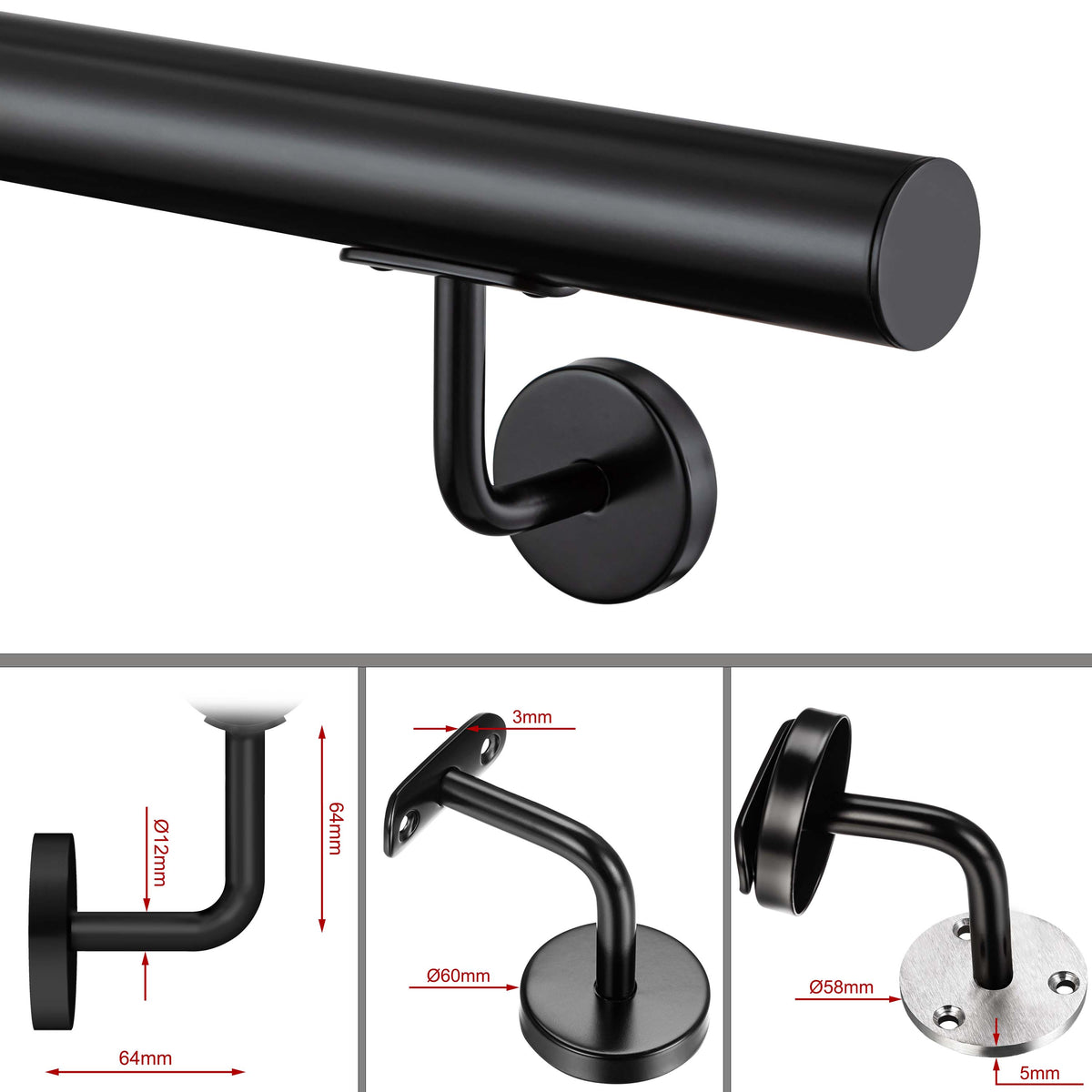SKY Indoor Outdoor 304 Stainless Steel Wall Mount Handrail, Black Stair Railing