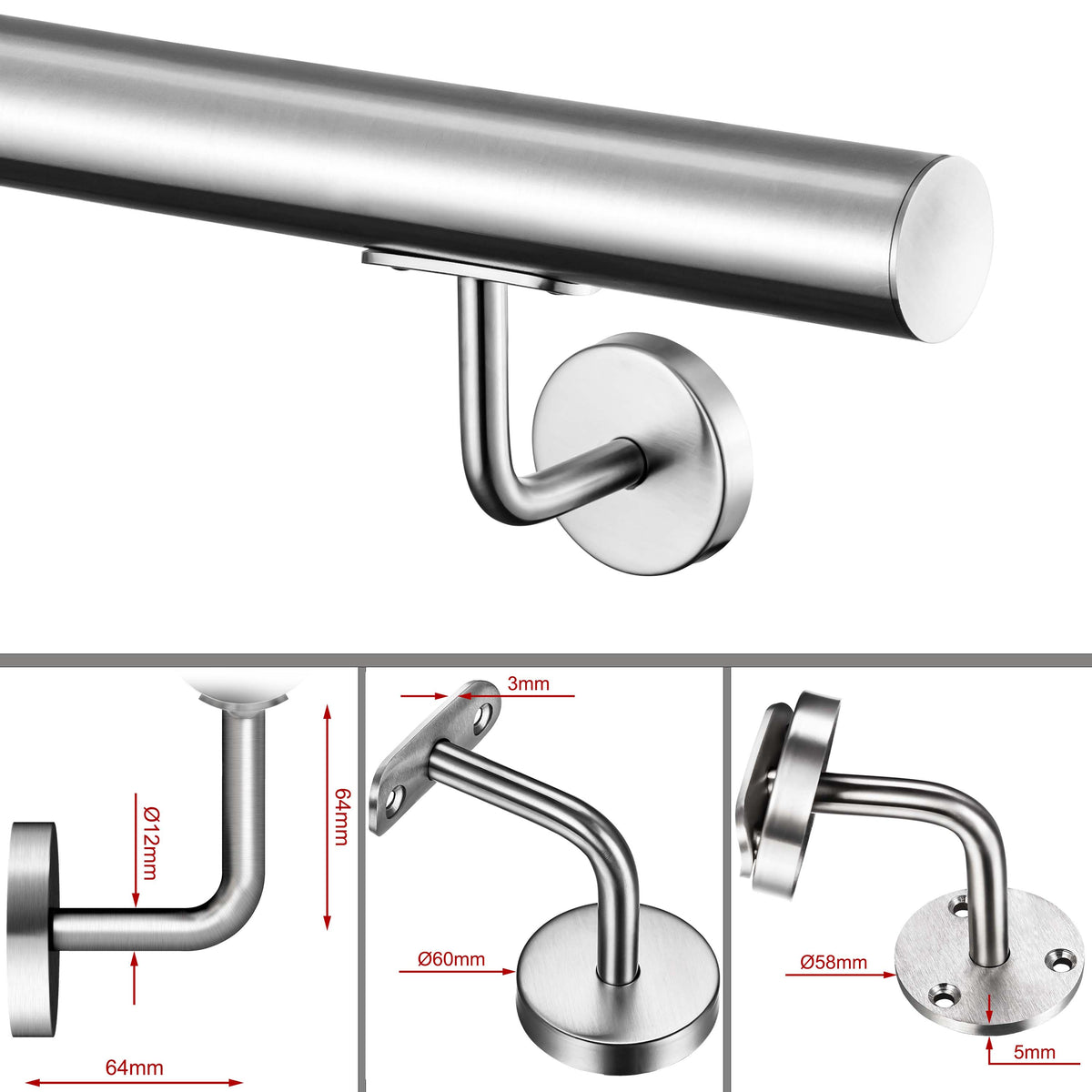 SKY 304 Stainless Steel Wall Mount Handrail, Brushed Silver Stair Railing