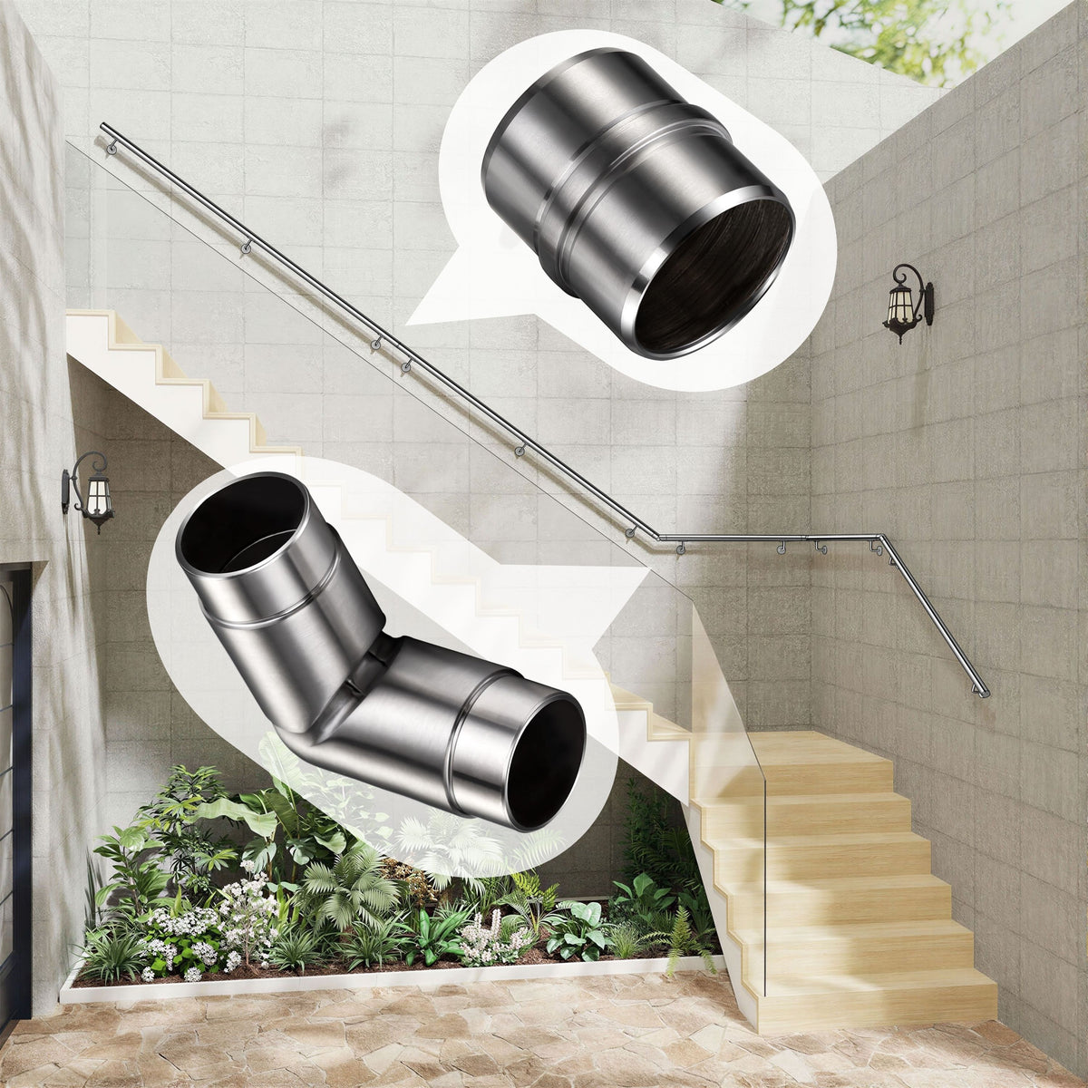 SKY 304 Stainless Steel Wall Mount Handrail, Brushed Silver Stair Railing