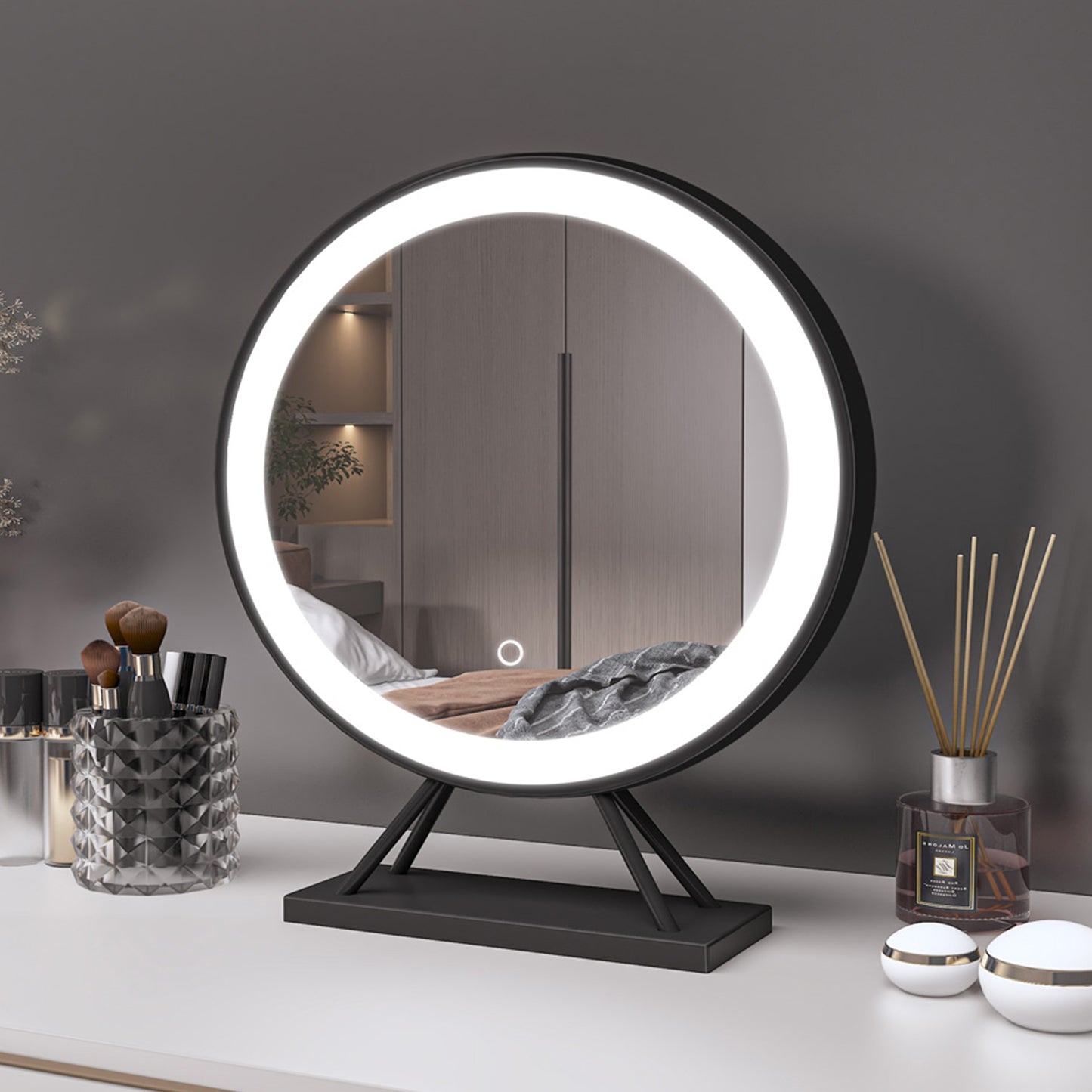 Hollywood Vanity Makeup Mirror 3 LED Light Modes, Dimmable, Touch Control, Round Vanity Mirror Tabletop Black