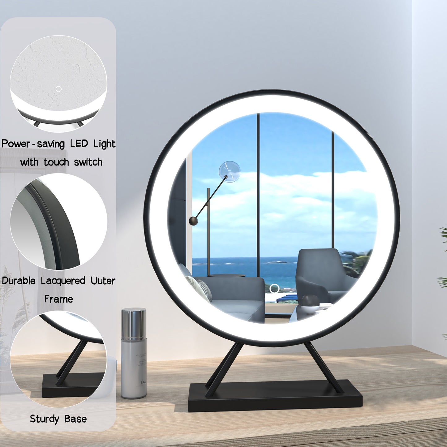 Hollywood Vanity Makeup Mirror 3 LED Light Modes, Dimmable, Touch Control, Round Vanity Mirror Tabletop Black