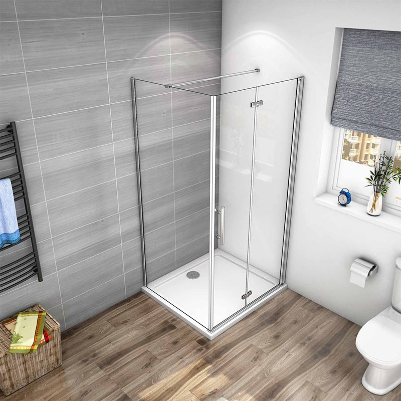 Hinge Shower Door Screen Bi fold Glass + Rectangle Stone Tray +Waste t ...