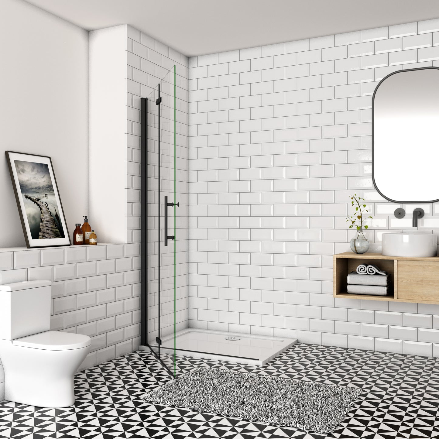 SKY Bathroom Black Hinge Pivot Shower Bi fold Glass Door